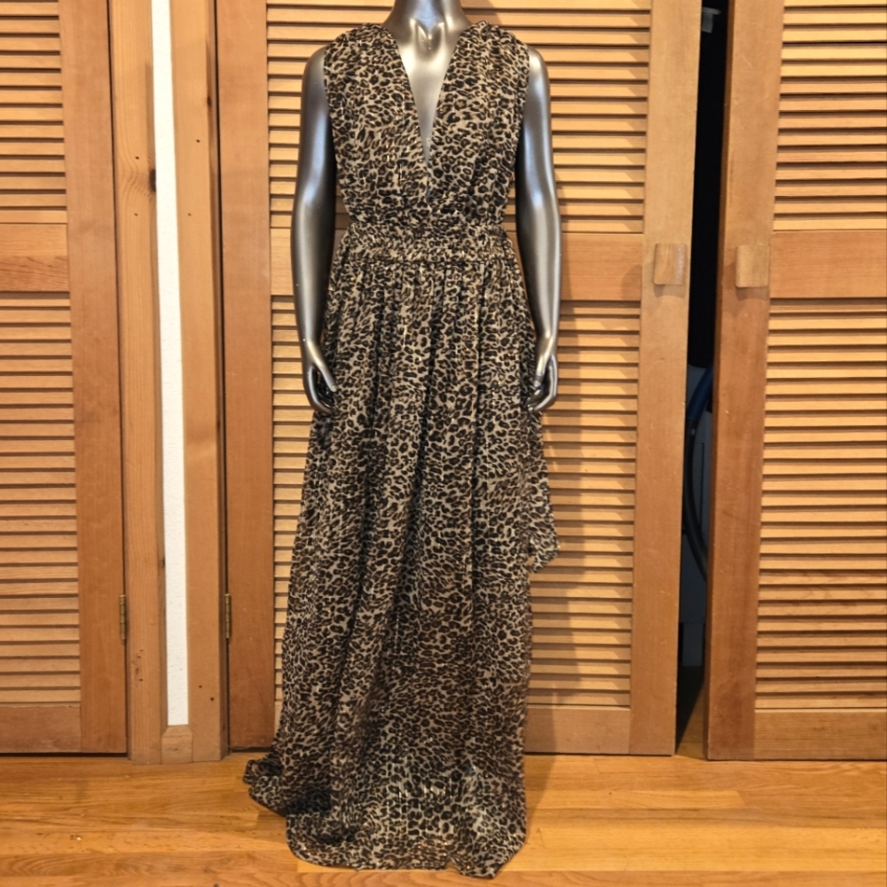 America & Beyond Cheetah print Sz Small Maxi Dress w/ Slit, Front + Back V neck